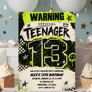 Invitation Fête grunge néon noir pour 13e anniversaire