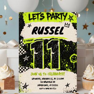 Invitation Fête grunge néon noir pour les 11 ans
