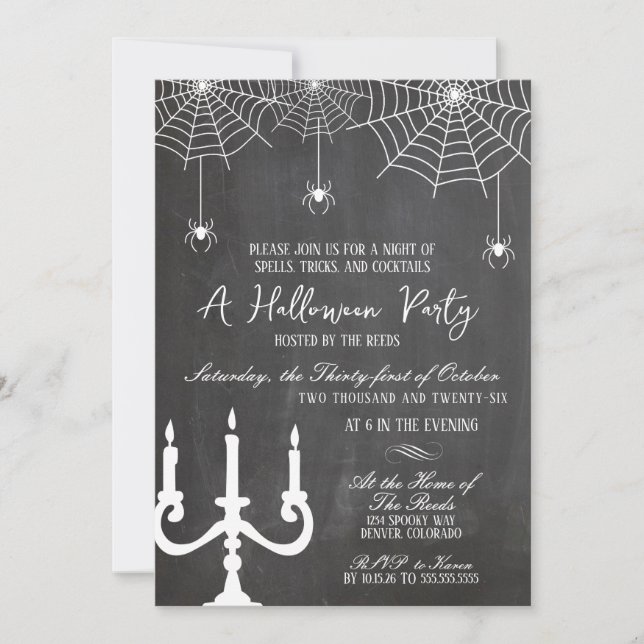 Invitation Fête Halloween avec araignées sur tableau noir bla (Devant)