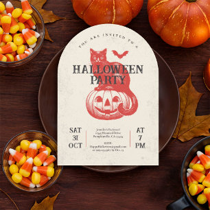 Invitation Fête Halloween Citrouille Rouge Vintage et Chat