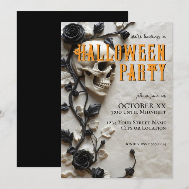 Invitation Fête Halloween Crâne 3D et Roses Noires (Devant / Derrière)