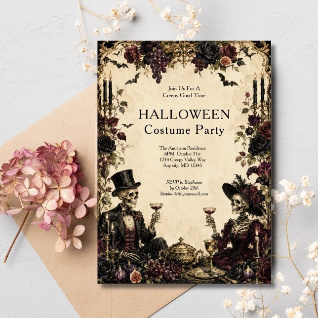 Invitation Fête Halloween de squelettes gothiques vintage (Gothic Vintage Skeletons Halloween Dinner Costume party invitation)