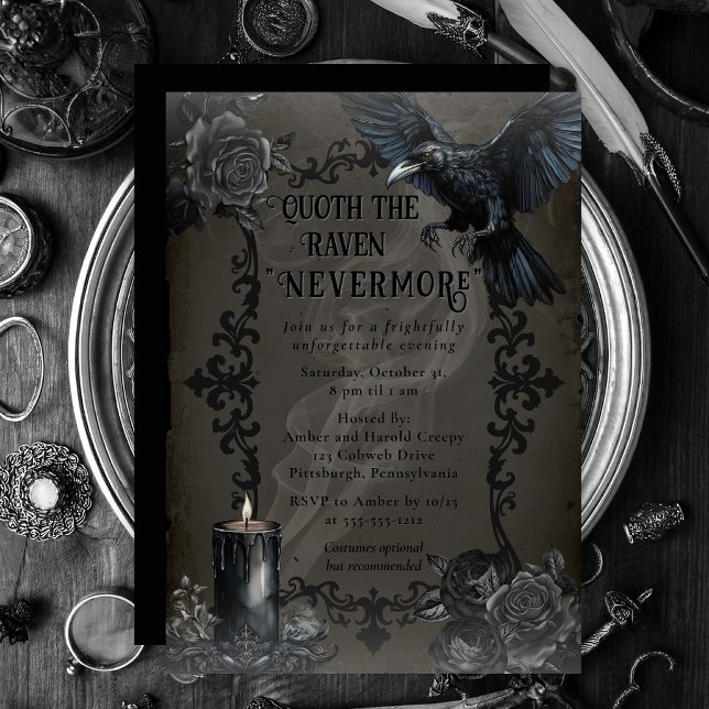 Invitation Fête Halloween Elegant Gothique Corbeau Nevermore (Elegant Gothic Nevermore Halloween Party raven invitation inspired by Edgar Allan Poe)