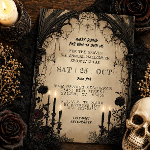 Invitation Fête Halloween Fleurie Noire Bougie Gothique Vinta