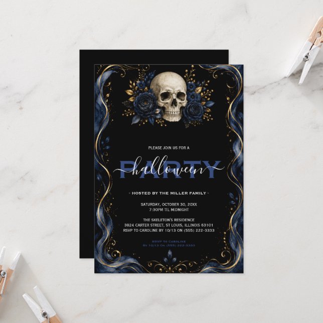 Invitation Fête Halloween gothique bleu or (Devant/Arrière en situation)