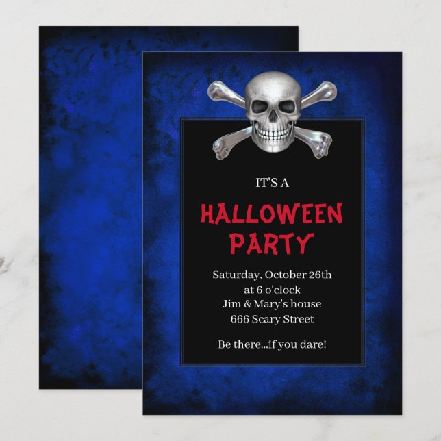 Invitation Fête Halloween Grunge Bleu Crâne Et Os (Devant / Derrière)