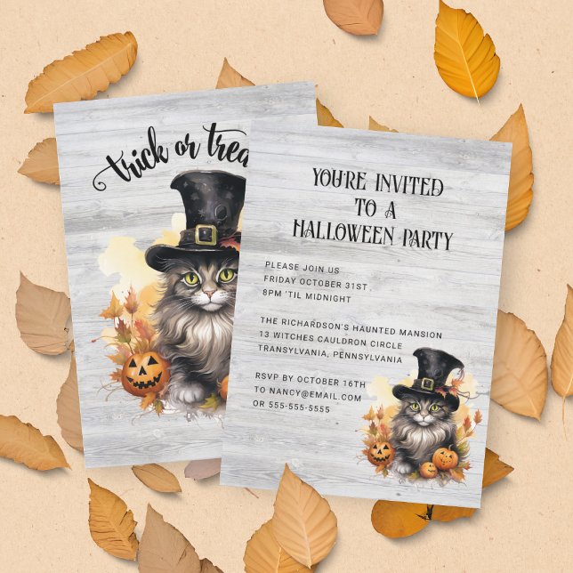 Invitation Fête Halloween personnalisée chat vintage rustique (Front and Back View)