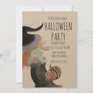Invitation Fête Halloween Rétro Fleur d'eau Sorcière Citrouil