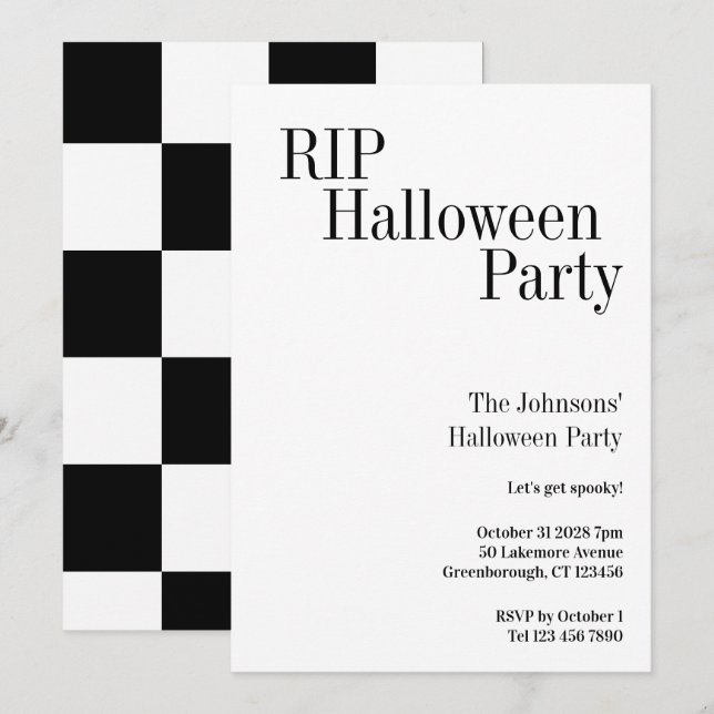 Invitation Fête Halloween RIP Noir et Blanc à Damier (Devant / Derrière)