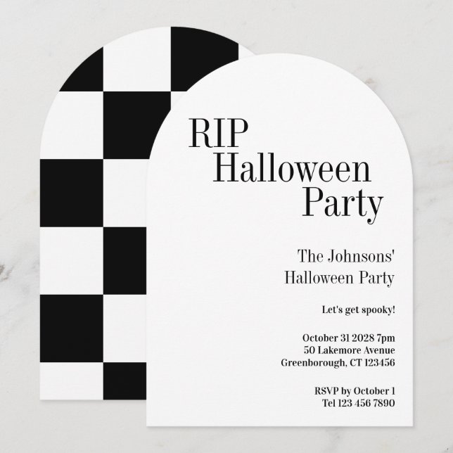 Invitation Fête Halloween RIP Noir et Blanc à Damier (Devant / Derrière)