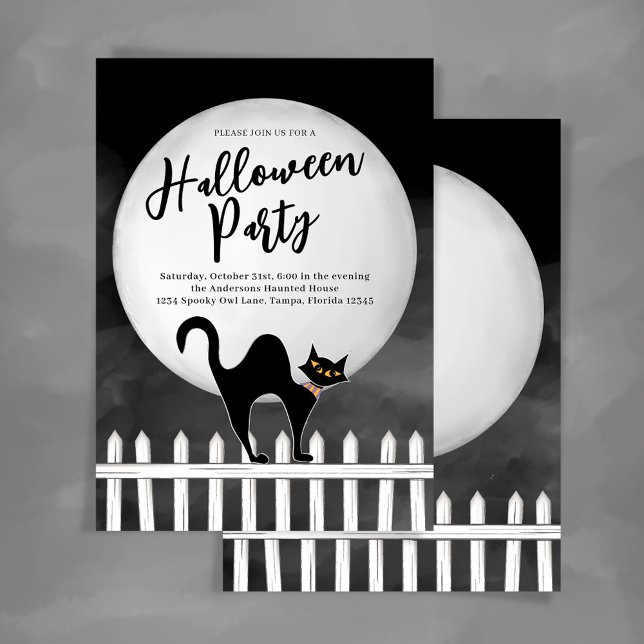 Invitation Fête Halloween sur mesure avec chat noir effrayant (Spooky black cat Halloween Party Invitations.)