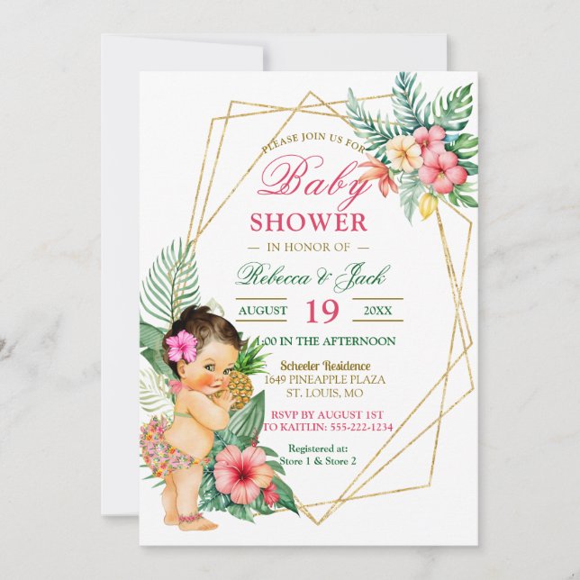 Invitation Fête Hawaïenne Bébé Fille Baby Shower Tropical Lua (Devant)