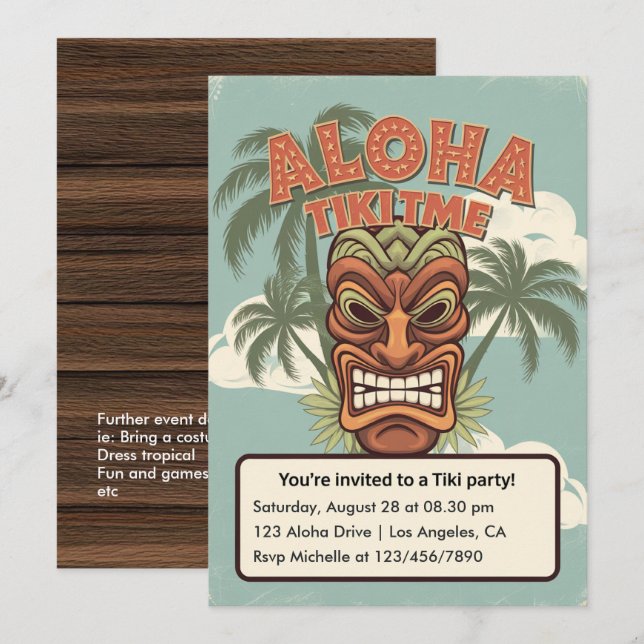 Invitation Fête Hawaïenne Tiki Tropicale (Devant / Derrière)