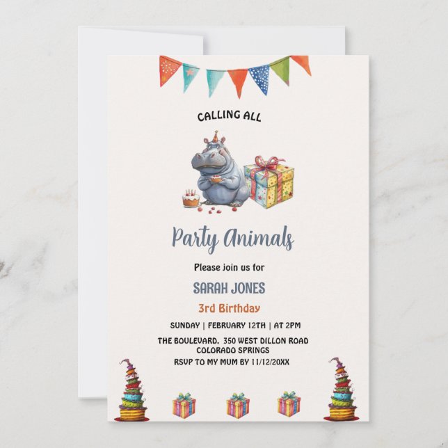 Invitation fête hippo aquarelle animaux anniversaire (Devant)