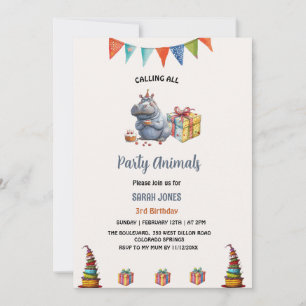 Invitation fête hippo aquarelle animaux anniversaire