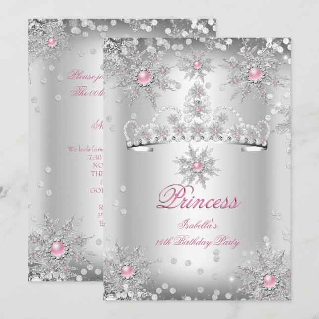 Invitation Fête hivernale argent et rose pâle de conte de fée (Devant / Derrière)