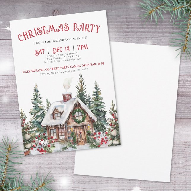 Invitation Fête hivernale de Noël rouge festive (Festive Winter Watercolor Christmas Holiday Party Invitation)