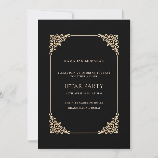Invitation Fête Iftar de style baroque doré et ornement noir (Devant)