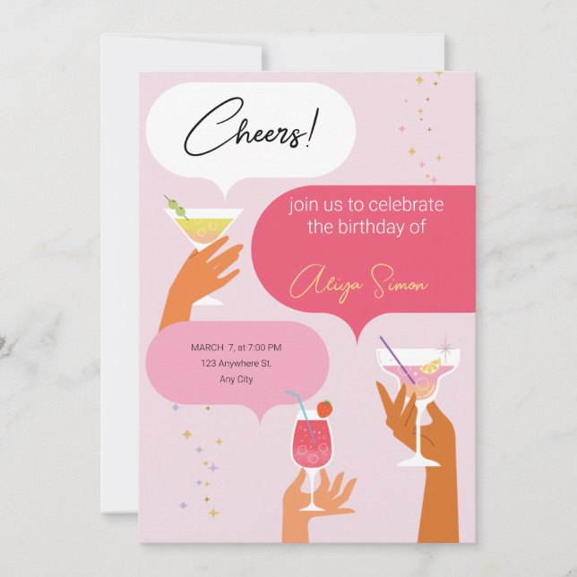 Invitation Fête Illustrative d'anniversaire rouge et rose (Devant)