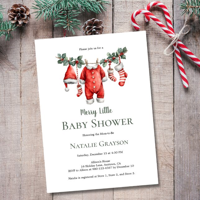Invitation Fête joyeuse de bébé (Merry Little Baby Shower Invite with Santa-Inspired Baby Clothesline, with Santa Suit, Hat, Socks.)