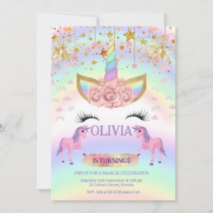Invitation Fête licorne Arc-en-ciel 1er Anniversaire fille fa