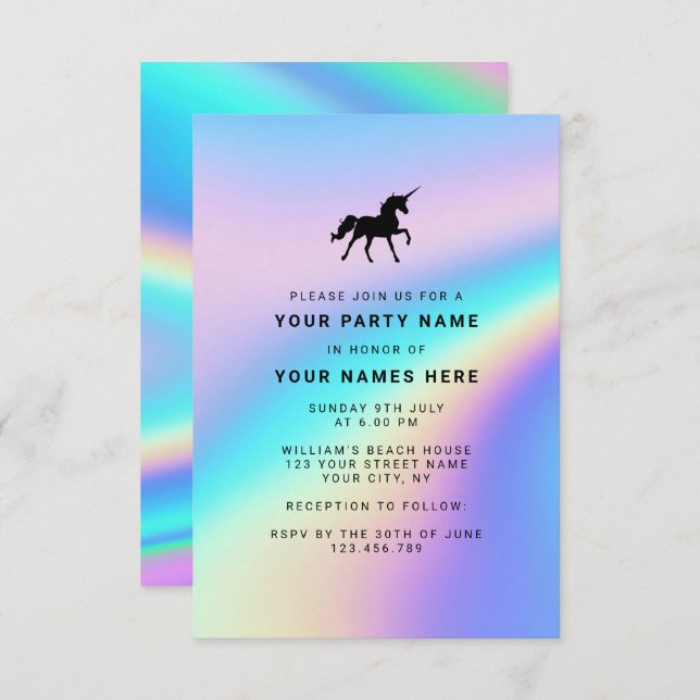 Invitation Fête Licorne Élégante Moderne Holographique Sur Me (Devant / Derrière)