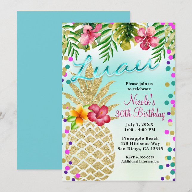 Invitation Fête Luau Gold Pineapple & Feuilles Tropicales (Devant / Derrière)