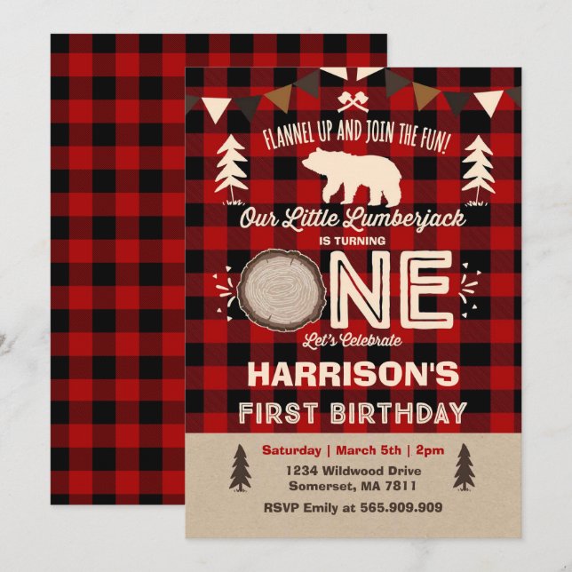 Invitation Fête Lumberjack Anniversaire (Devant / Derrière)