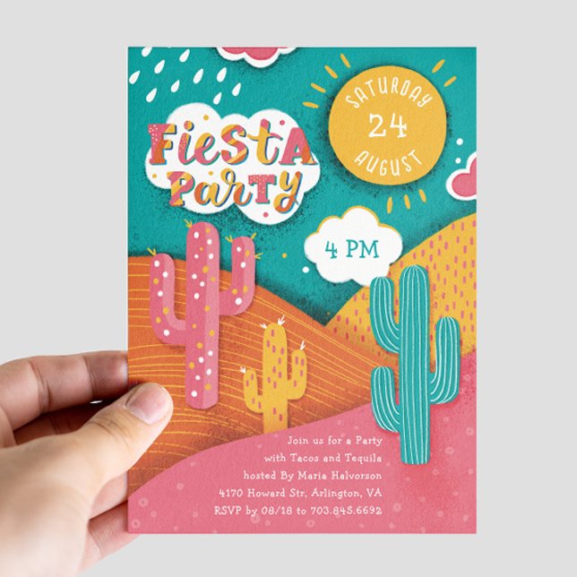 Invitation Fête lumineuse Fiesta. Tacos de cactus et tequila (Créateur téléchargé)