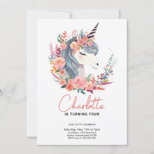 Invitation Fête Magique de Licorne Florale Anniversaire Tout