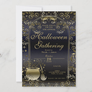 Invitation Fête Magique d'Halloween Fantaisiste Or Bleu