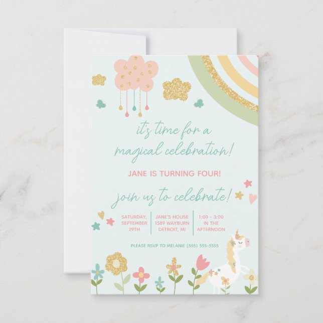 Invitation Fête Magique, Unicorne, Anniversaire Arc-en-ciel (Devant)