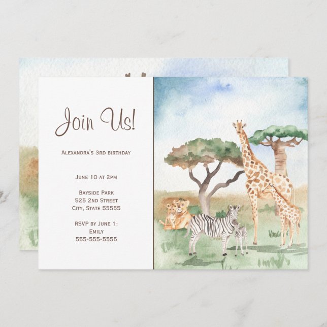 Invitation Fête maman et bébé animaux africains aquarelle (Devant / Derrière)