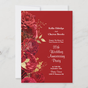 Invitation Fête Mariage Florale Rouge Et Or