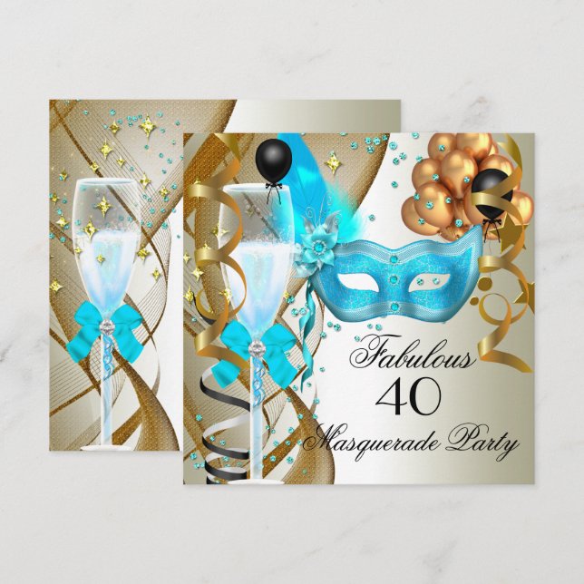 Invitation Fête Mascarade Crème de Or Turquoise Noir Fabuleus (Devant / Derrière)