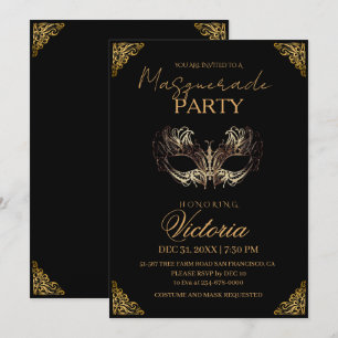 Invitation Fête Mascarade d'or moderne Anniversaire
