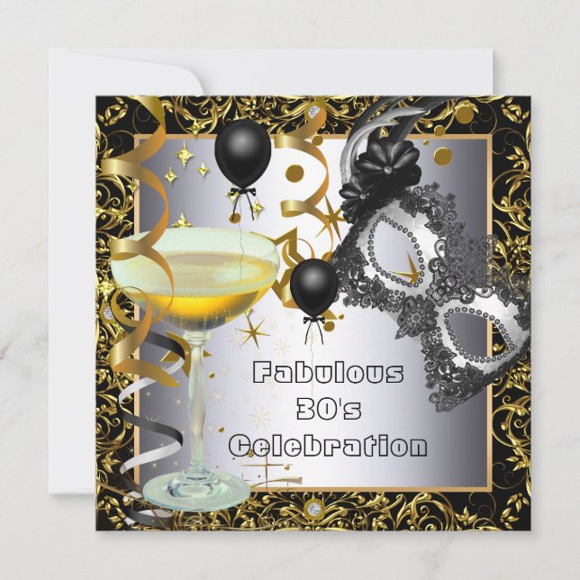 Invitation Fête Mascarade Merveilleuse 30ème Argent Or Noir (Devant)