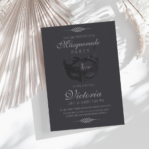 Invitation Fête Mascarade Noir Argent Moderne Anniversaire