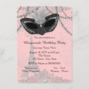 Invitation Fête mascarade Paris rose et noir