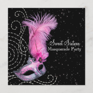 Invitation Fête Mascarade Pink Black Sweet 16 Masquerade