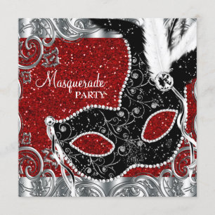 Invitation Fête Mascarade rouge et noir argent et masque