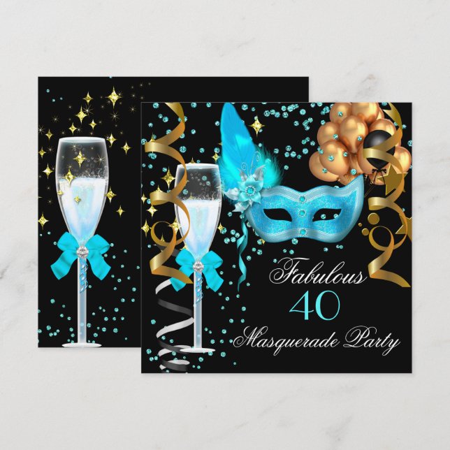 Invitation Fête Mascarade Turquoise Or Noir Fabuleuse (Devant / Derrière)