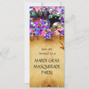 Invitation FÊTE MASQUÉE DU MARDI GRAS, confettis bleus rouges