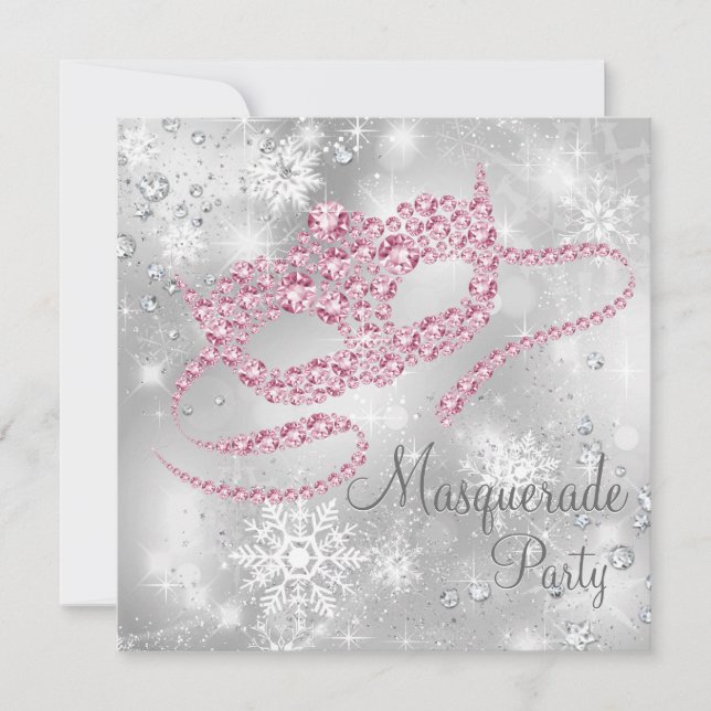 Invitation Fête Masquée Élégante Argent et Rose (Devant)