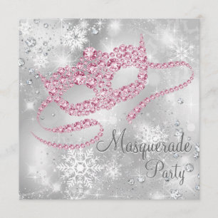 Invitation Fête Masquée Élégante Argent et Rose
