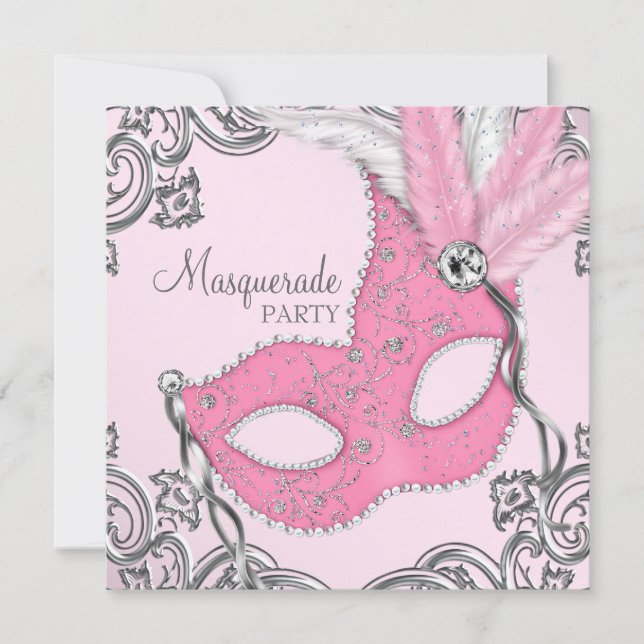Invitation Fête Masquée Élégante Argent et Rose (Devant)