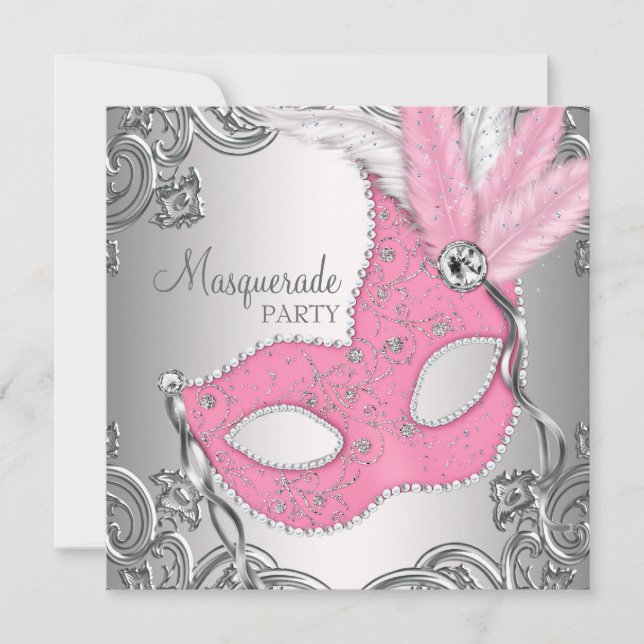 Invitation Fête Masquée Élégante Argent et Rose (Devant)