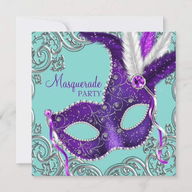 Invitation Fête masquée élégante violette et bleu sarcelle (Devant)