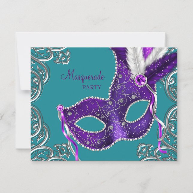 Invitation Fête masquée élégante violette et turquoise (Devant)