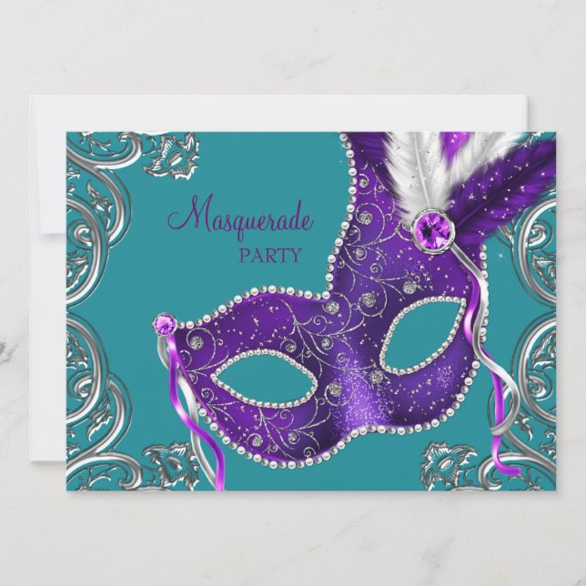 Invitation Fête masquée élégante violette et turquoise (Devant)